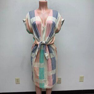 Lou & Grey Loft Womens Multi Striped Dolman Sleeve V-Neck Front Tie Dress